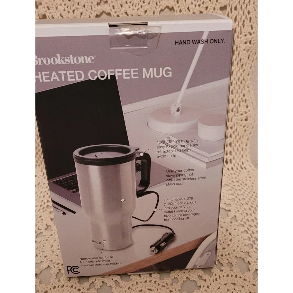 Brookstone Heated Coffee Mug 12V (Brand New) 13 Ounce. Fits Most Cup Holders.